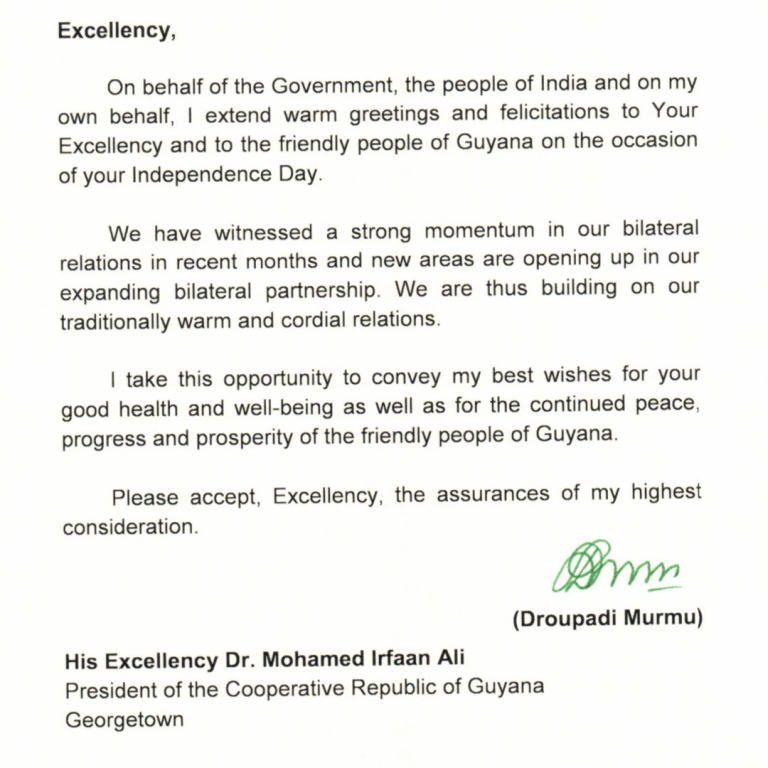 President Murmu Extends Independence Day Wishes To Guyana